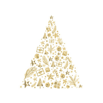Watercolor Paint Christmas card ornaments pine tree gold Metallic Elegant handmade painting bush