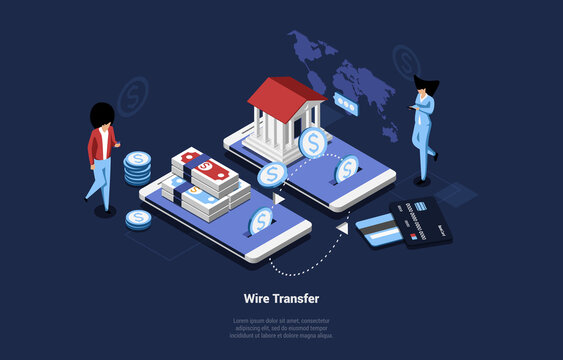 Wireless Transfer Vector Illustration In Cartoon 3D Style With Writing. Isometric Composition On Mobile Internet Banking And Currency Exchange Concept. Two Smartphones Sharing Information, People Near