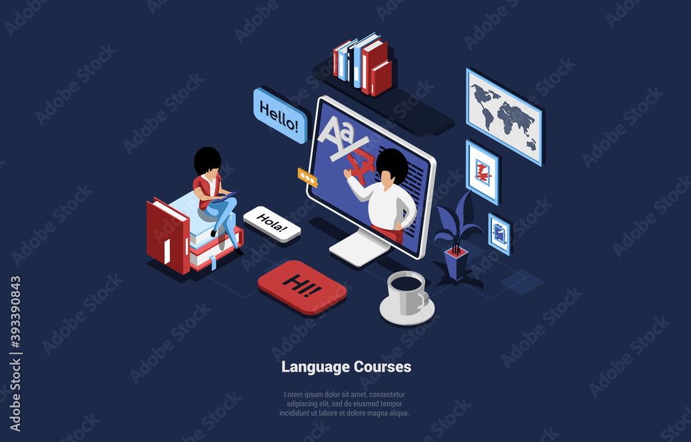 Poster language courses concept illustration in cartoon 3d style. isometric composition with big computer m