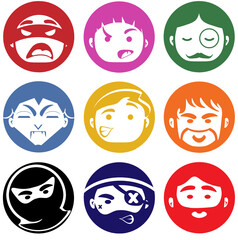 Men, boys, superhero avatar bundle set. Businessmen face icons, character pic to represent online user in social net. Vector flat style.