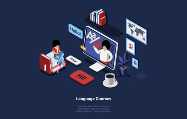 Language Courses Concept Illustration In Cartoon 3D Style. Isometric Composition With Big Computer Monitor And Lecturer On Screen, Female Student Reading From Mobile Device While Sitting On Books