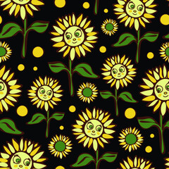 Seamless vector pattern with happy sunflowers on black background. Cute cartoon floral wallpaper design for children. Summer meadow fashion textile.