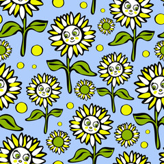 Seamless vector pattern with sunflowers on blue background. Fun cartoon floral wallpaper design for children. Hand drawn flower fashion textile.