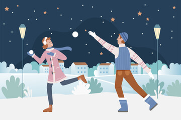 Couple people play snowballs at night on Christmas eve vector illustration. Cartoon happy man woman characters playing snowballs winter games, running in Christmas snow urban landscape background