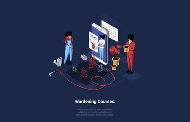 Isometric Vector Illustration On Gardening Courses Concept. 3D Composition In Cartoon Style Of People Watching Or Reading Tutorial From Screen Of Smartphone And Planting Trees And Flowers At Home