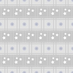 New Year's winter geometric pattern with squares, stars and white snowflakes in gray and lilac shades