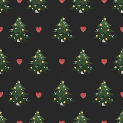 Christmas pattern with a christmas tree on a dark background. New year seamless ornament. Trendy design for print and gift wrapping. vector stock illustration.