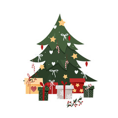 Obraz na płótnie Canvas Christmas tree with gifts isolated in flat style. New Year card in trendy cartoon style. Vector stock illustration.