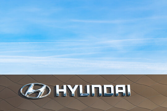 LOMME,FRANCE-February 17,2019: View of the Hyundai brand logo company.Hyundai Motor Company - is a South Korean automotive group belonging to the Hyundai Motor Group group, founded in 1967.