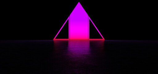 Glowing abstract purple sign in the shape of a triangle in dark space. Glowing pink pyramid. 3D Render