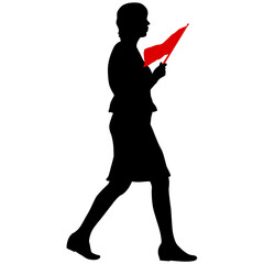 Black silhouettes of woman with flag on white background