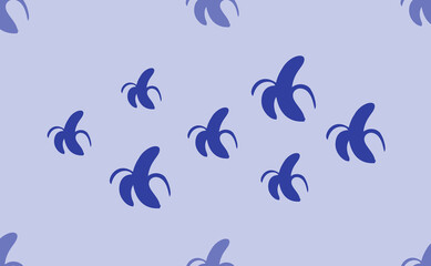 Seamless pattern of large isolated blue peeled banana symbols. The pattern is divided by a line of elements of lighter tones. Vector illustration on light blue background