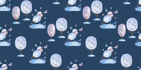 watercolor set of patterns cute sheep in nature © Elena