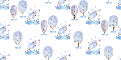 watercolor set of patterns cute sheep in nature