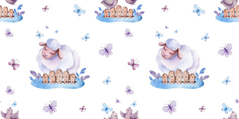 watercolor set of patterns cute sheep in nature