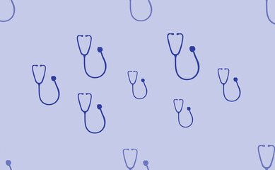Seamless pattern of large isolated blue stethoscope symbols. The pattern is divided by a line of elements of lighter tones. Vector illustration on light blue background