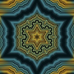 yellow and bright blue linear horizontal stripes on a jet black background transformed to abstract hexagonal patterns and intricate designs