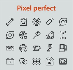 AUTO PARTS Set of Icons related vector line icons. Contains icons such as parts, oil, diagnostics, turbine, steering wheel, key, chassis, gearbox and much more. Editable stroke
