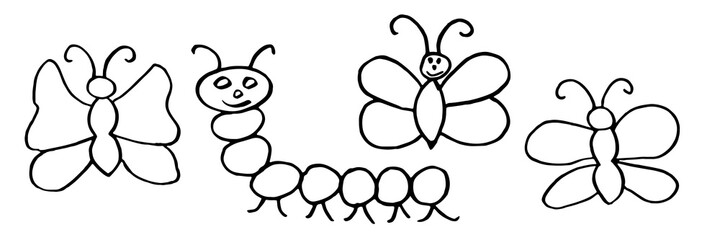 Kids hand drawing of butterflies and caterpillar. Vector illustration