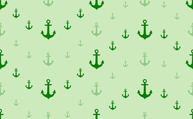 Seamless pattern of large and small green sea anchor symbols. The elements are arranged in a wavy. Vector illustration on light green background