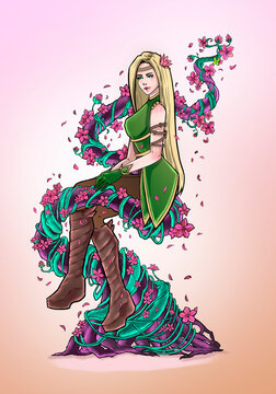 Girl nymph on a flowering branch