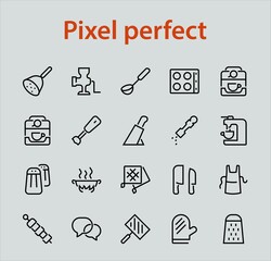 KITCHEN ICON Cooking process, Kitchen tools, Icon set, thin line vector has a blender, oven, knife, grater, barbecue, apron, barbecue, grill, coffee machine, kitchen glove, Editable stroke