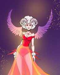 Zodiac sign aries with wings in red