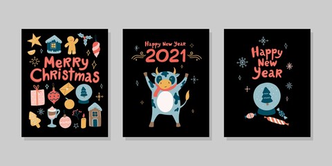 Christmas funny cartoon set of greeting cards. New Year 2021. Vector illustration with symbol of year, ox, bull, cow, snowball, snowflakes, Christmas toys, Christmas tree. Handwritten lettering 
