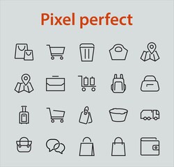 Simple set of bags, shopping and travel icons. Vector illustration Contains icons such as Card, wallet, shopping basket, discount, bowl, package. On a white background, editable stroke