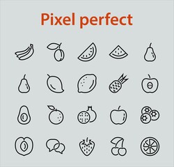 Fruit Icon Set, Vector lines, Contains icons such as apple, banana, cherry, lemon, watermelon, Avocado Editable stroke, 48x48 pixels, White background, eps 10