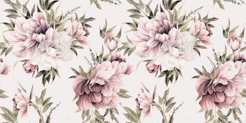 Seamless floral pattern with peony flowers on summer background, watercolor illustration. Template design for textiles, interior, clothes, wallpaper - 393395428
