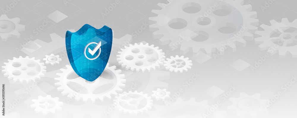 Leinwandbilder Data security system, information or network protection. Cyber security and data protection. Shield with cogwheels, future technology for verification. Abstract 3d futuristic background.