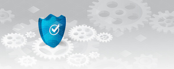 Data security system, information or network protection. Cyber security and data protection. Shield with cogwheels, future technology for verification. Abstract 3d futuristic background.