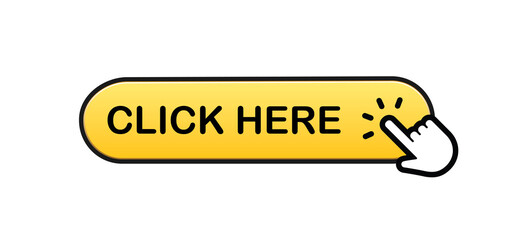 Click here button with hand clicking icon. 3d shiny style vector.