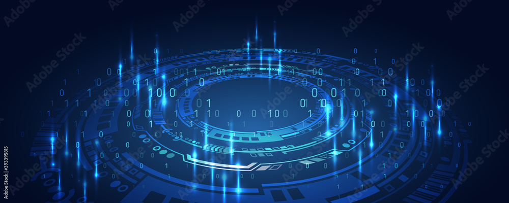 Poster Wide perspective Blue background with various technological elements. Hi-tech computer digital technology concept. 3d Futuristic glowing circle.