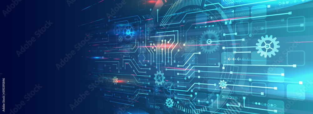 Poster Perspective wide High-tech technology background texture. Abstract 3D circuit board vector illustration. Vector electronic communication. Futuristic web banner.