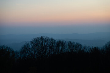 Layered mountains. Smokey blue mountain silhouettes background, pastel evening sky. Trees silhouette