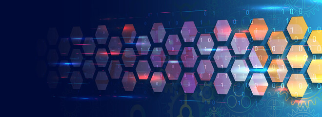 Obraz na płótnie Canvas Abstract perspective wide technology background with hexagons and gear wheels. Hi-tech modern vector illustration. 3d Futuristic banner concept.