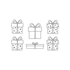 Gift box and boxes in line style. Set of presents. Vector illustration. Flat design