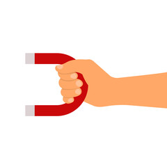 Hand with red magnet isolated on white. Vector illustration. Flat style