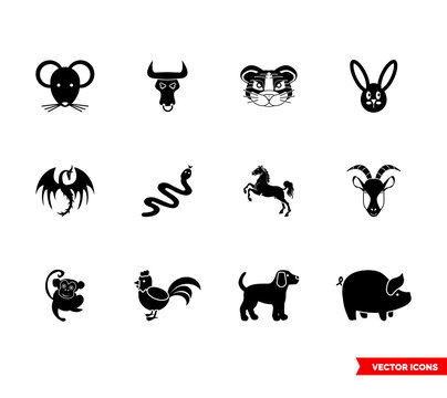 Chinese zodiac icon set of black and white types. Isolated vector sign symbols. Icon pack.