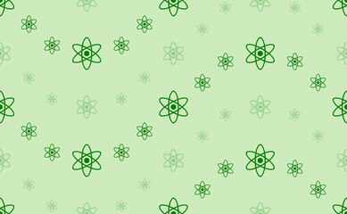 Seamless pattern of large and small green atomic symbols. The elements are arranged in a wavy. Vector illustration on light green background