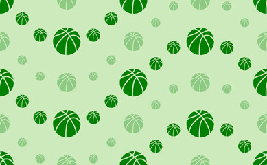 Seamless pattern of large and small green basketball symbols. The elements are arranged in a wavy. Vector illustration on light green background