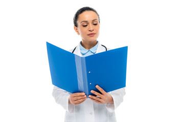 African american doctor looking at paper folder isolated on white