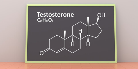 Testosterone structural chemical formula, drawing on board. 3d illustration