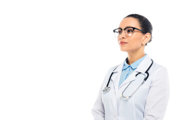 African american doctor in eyeglasses and stethoscope around neck isolated on white