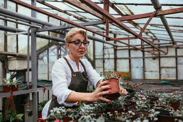 women gardener working in her green house nursery