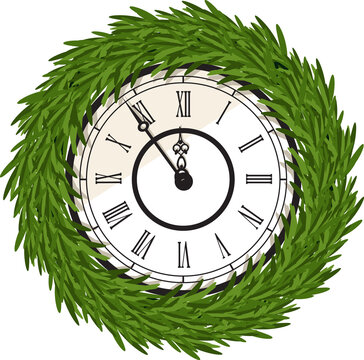 Vintage Clock Decorated With A Christmas Wreath Without Ornaments, Custom Pine Tree Brush Is Included,  EPS 8 Vector Illustration