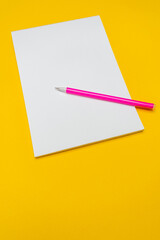 Notepad with copy space with pink pen on yellow background.Simple bright background with place for text