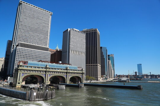 A view of the Staten Island Ferry Terminal and lower Manhattan is seen from the Staten Island Ferry